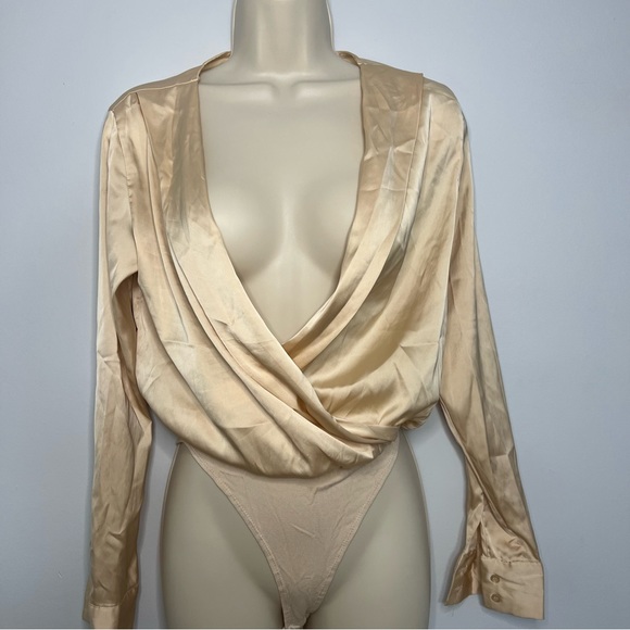 Womens Bodysuit Satin Long Sleeve Regular Fit Surplice Deep V Neck Bodysuit - Picture 6 of 8